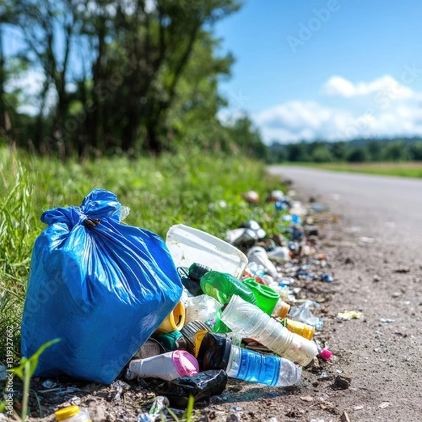 Fototapeta A trash bag left on the side of a road signifying issues of littering and the importance of proper trash collection