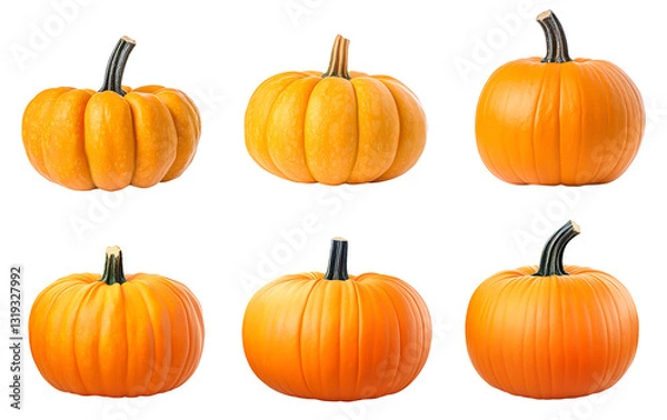 Obraz Six pumpkins of varying sizes, isolated on white background.
