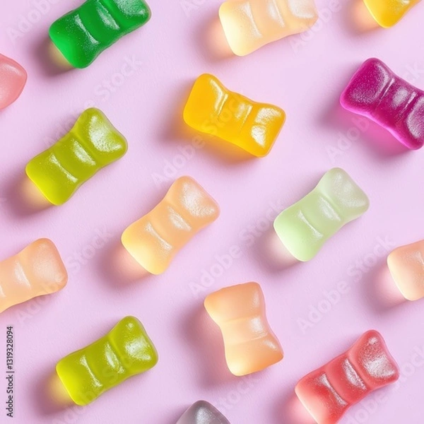 Fototapeta Close-up of a bunch of colorful gummy vitamins on a pink background creating a playful and fun aesthetic