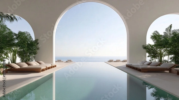 Fototapeta Luxury Modern Villa with Infinity Pool and Arched Entrance Overlooking Ocean Skyline – Minimalist Architectural Design with Elegant Resort-Style Ambiance
