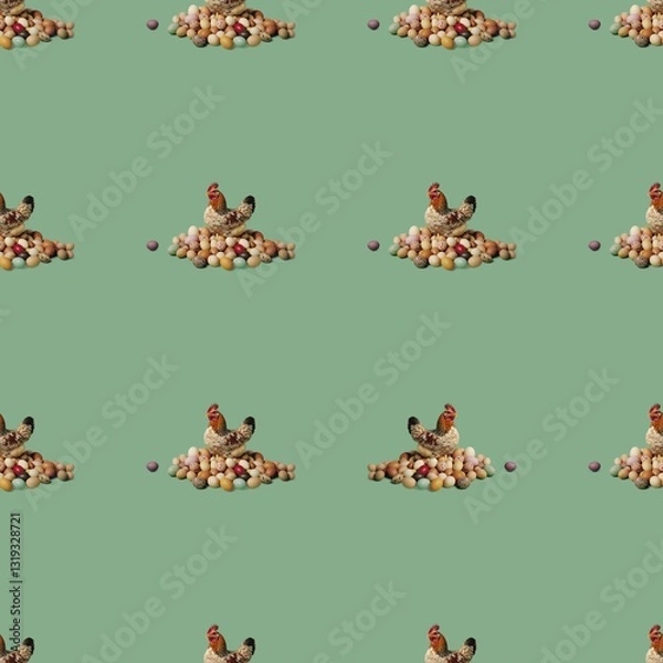 Fototapeta A colorful chicken sits on multi-colored eggs on a light green calm background. Easter festive seamless pattern in retro style