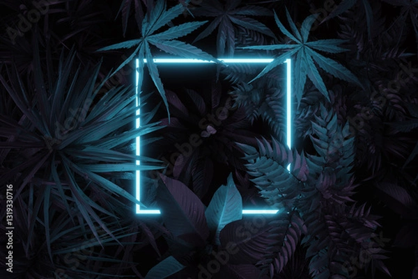 Fototapeta neon-illuminated square shape covered with tropical leaves. Flat lay of minimal nature style concept. 3D Rendering
