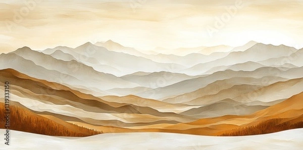 Fototapeta Serene Mountain Range Panorama in Soft Golden Light of the Daytime Landscape featuring a Gentle