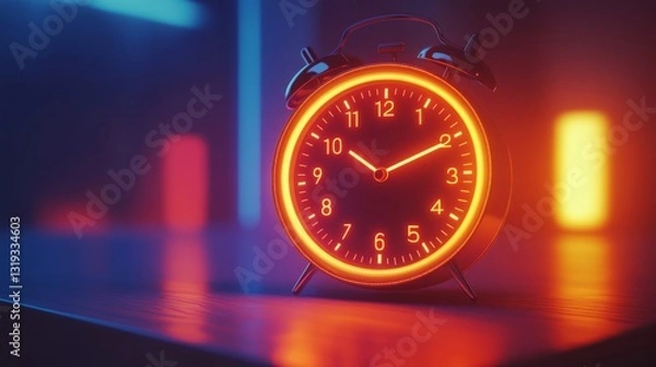Fototapeta Neon clock showing time in dark room with colorful lights