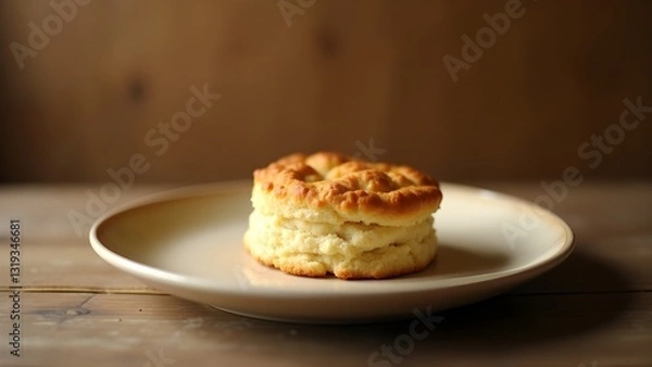 Fototapeta A warm and inviting photograph of a single biscuit, freshly baked and placed on a rustic wooden table or a vintage ceramic plate, with a soft, natural light casting a gentle glow, highlighting the bis