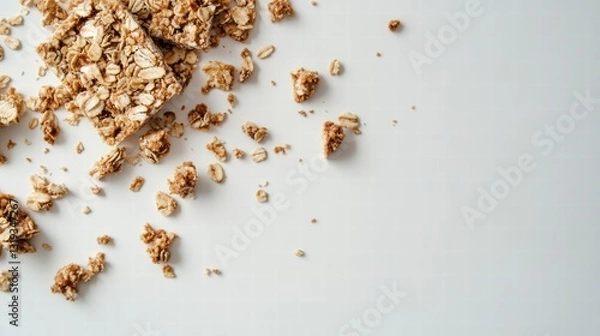 Obraz Granola Bar Crumbs: The close-up shot captures the texture and detail of a broken granola bar, with scattered crumbs. A healthy snack option.