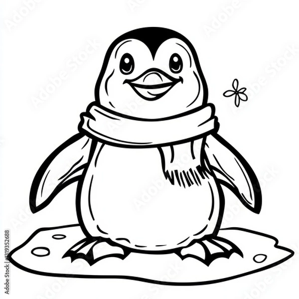 Fototapeta Penguin with Scarf Cartoon: A charming cartoon illustration of a happy penguin, warmly dressed in a scarf, sitting on a snowy surface, its cheerful expression and the single snowflake suggests winter.