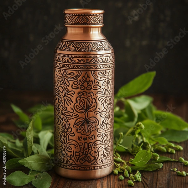 Fototapeta A luxurious copper water bottle with intricate Indian patterns, placed on a wooden table surrounded by fresh tulsi leaves, soft natural lighting, elegant and refined