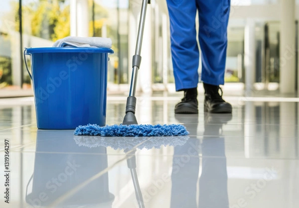 Obraz A cleaning service worker is mopping the glossy floor in a contemporary interior space, accompanied by a blue cleaning bucket