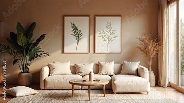 Fototapeta Japandi-style living room with warm mocha tones, neutral decor, framed botanical artwork, and natural elements. Concept of minimalist, nature-inspired, and cozy home design.