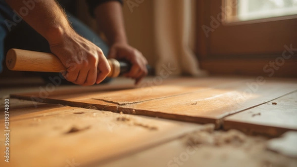 Fototapeta A craftsman repairs wooden flooring with a chisel, showcasing skillful hands and detailed craftsmanship in a warm, inviting interior setting.