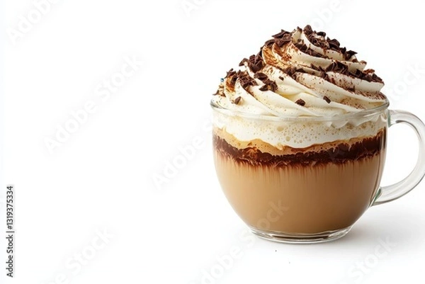 Fototapeta A delicious cup of coffee topped with whipped cream and chocolate shavings, showcasing an inviting and indulgent beverage.