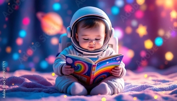 Obraz Adorable Baby Astronaut Reading Book in Space