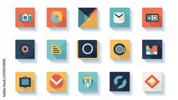 Fototapeta A colorful grid of 12 flat design icons representing various applications, including a camera, email, file, and media controls, all featuring subtle shadows for depth.