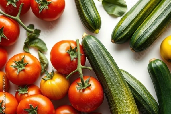Fototapeta Fresh tomatoes and zucchini arranged on a surface