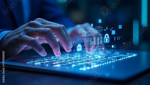 Fototapeta Hands typing on a virtual keyboard with cybersecurity icons
