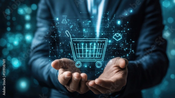 Fototapeta Digital stores and e-commerce: the touch of a businessman add to cart icon. Concepts for businesses, shops, and internet stores 