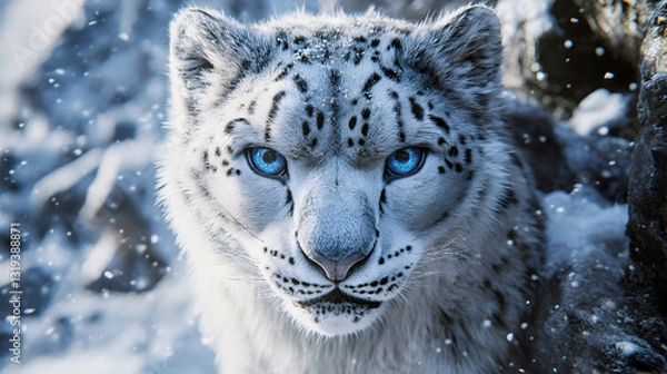 Fototapeta This wild feline portrait captures the head of a white snow leopard, a big and endangered cat of nature