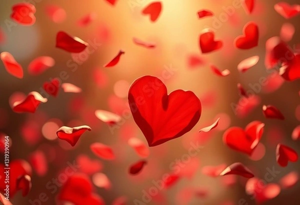 Fototapeta Floating red heart petals in soft light; a visual metaphor for love, beauty, metaphor