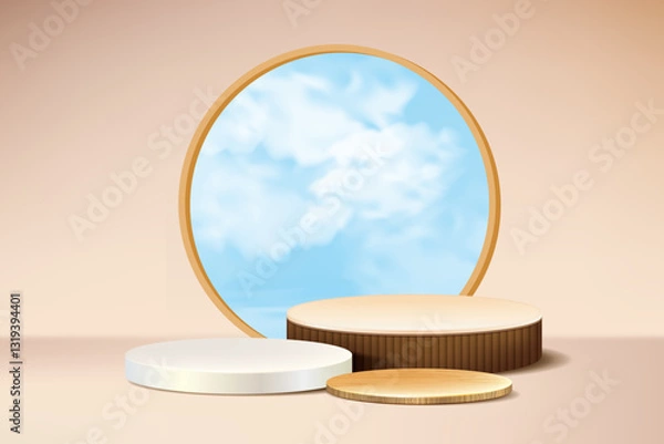 Fototapeta Set of Podium with a circular window overlooking the clouds floating in the sky. Wood podium.