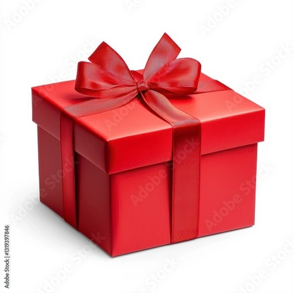 Obraz Red Square Gift Box with Red Ribbon Bow on White Background