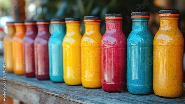Fototapeta Colorful smoothie bottles in a row