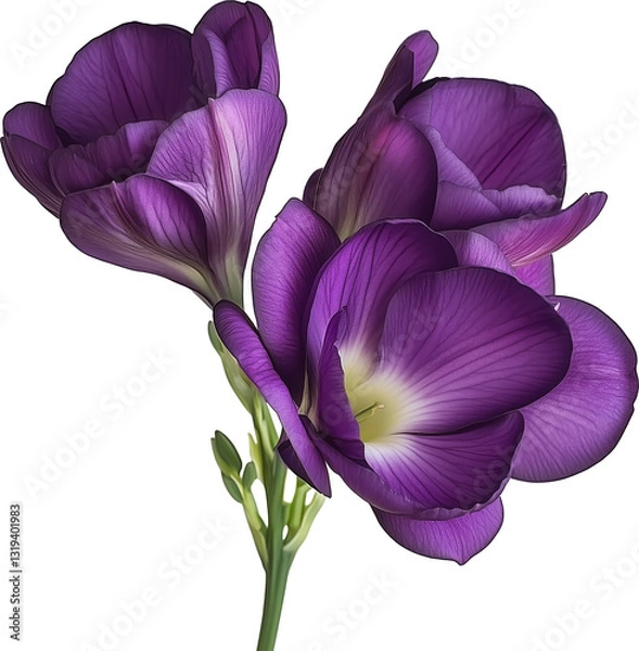 Fototapeta Realistic deep purple freesia flowers with smooth vibrant petals, green stems, isolated transparent PNG botanical illustration, elegant floral artwork.