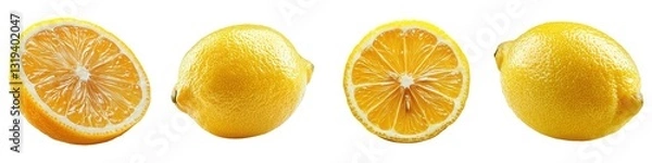 Fototapeta Fresh Citrus Lemons Whole and Cross Section with Bright Yellow Peel Isolated on Transparent Background