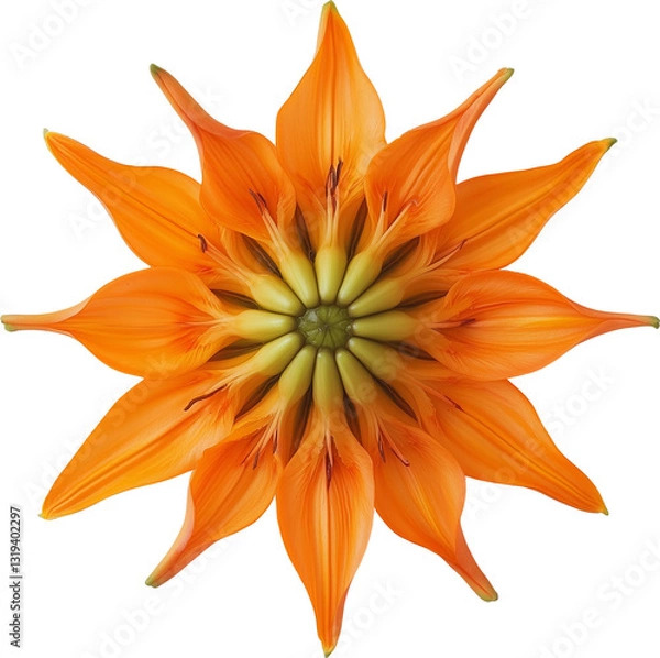 Fototapeta Symmetrical orange lily in full bloom, top-down botanical floral illustration, isolated transparent PNG, vivid petals and green center details.