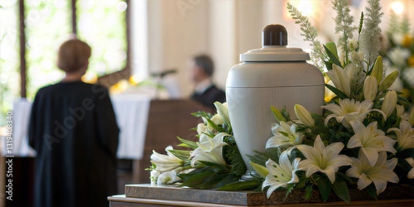 Obraz Funeral urn with fresh white lilies in church during memorial service symbolizing farewell and loss
