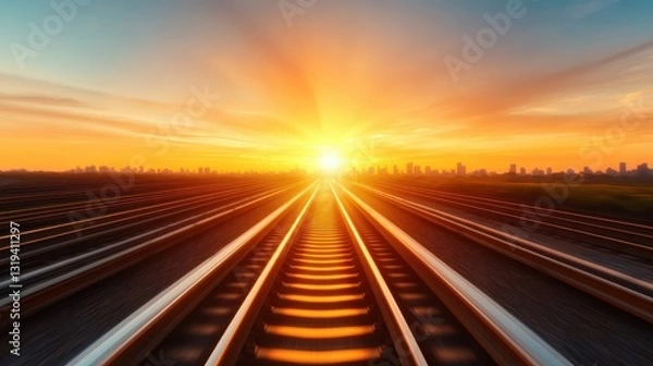 Fototapeta An enchanting cityscape view featuring railroad tracks bathed in a golden sunset glow, symbolizing life’s journey and the beauty of evening serenity.