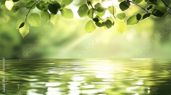 Obraz Abstract blurred background of nature with green trees and water reflection.