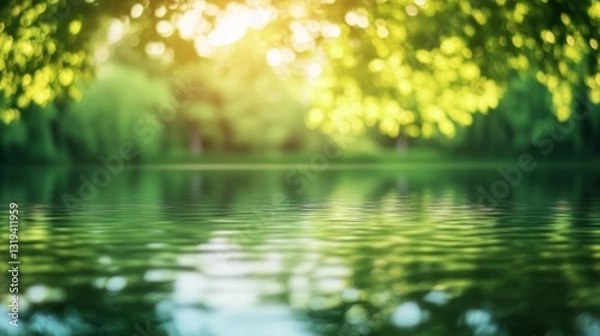 Fototapeta Abstract blurred background of nature with green trees and water reflection.