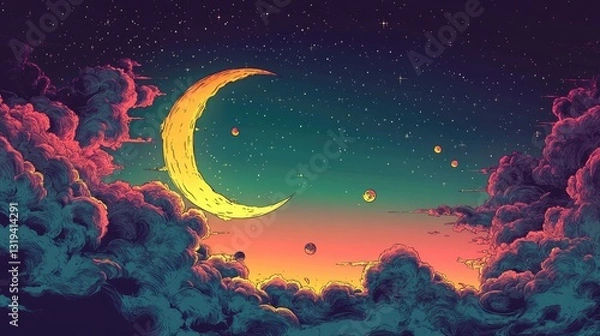 Obraz Crescent moon shining over colorful clouds and planets in a starry sky. Ai generated