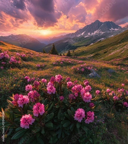Obraz Breathtaking View of Vibrant Pink Flowers Amidst Majestic Mountain Landscape at Sunset with Glowing Sky and Lush Green Hills