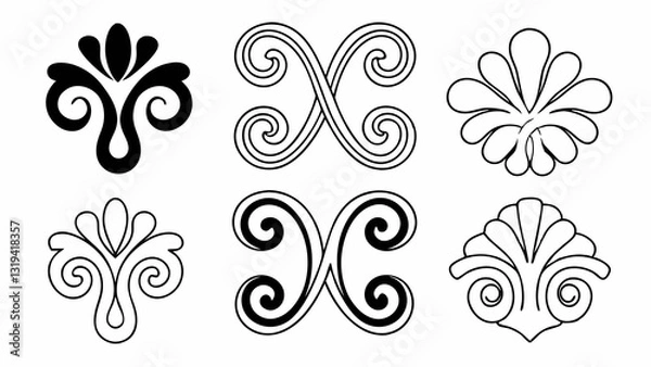 Obraz Elegant Ornamental Designs: A collection of six intricate, symmetrical ornamental designs, presented in monochrome, showcasing various floral and stylized motifs. 