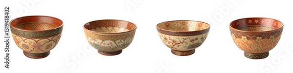 Fototapeta Set of antique ceramic bowls in warm colors showing Asian design isolated on transparent background.