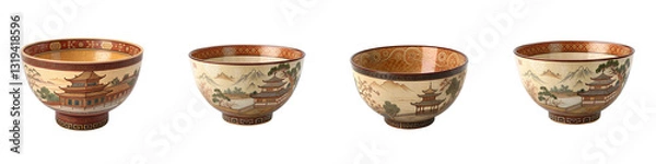 Fototapeta Set of antique ceramic bowls in warm colors showing Asian design isolated on transparent background.