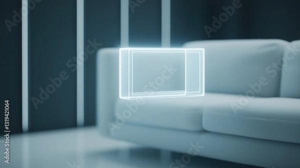 Fototapeta Futuristic Smart Home Interface Displaying AI Features Above Modern Couch in High-Tech Living Room