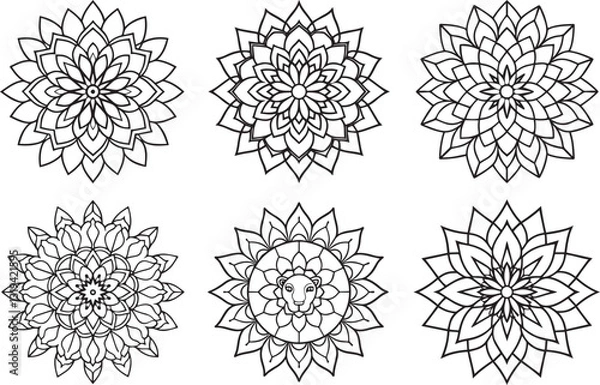 Obraz Simple Mandala Outline in Black and White – Hand-Drawn Doodle Mandala for Relaxation, Meditation, and Coloring Book Pages.