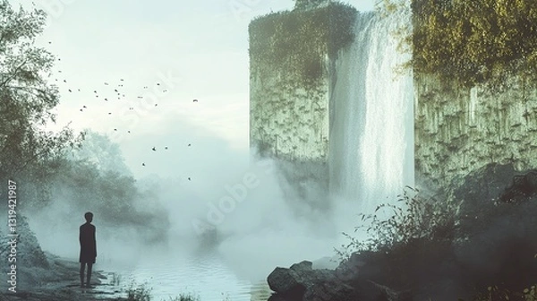 Fototapeta Enigmatic Waterfall Landscape: A Solitary Figure in a Dreamlike Mist