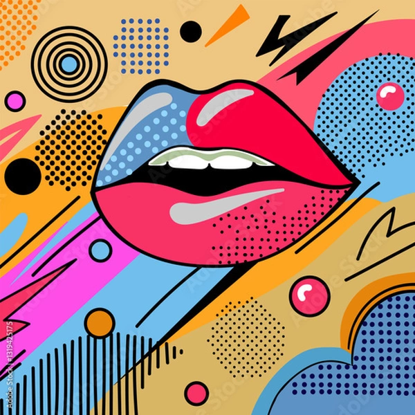 Fototapeta Hand drawn color pop art illustration. Abstract figures. Not AI