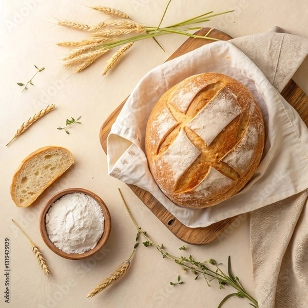 Obraz freshly baked handmade bread on the table with scattered ears