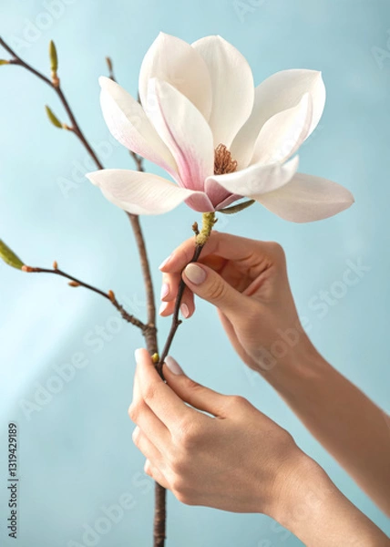 Obraz a snow-white magnolia flower on an elegant branch, carefully held by female hands.