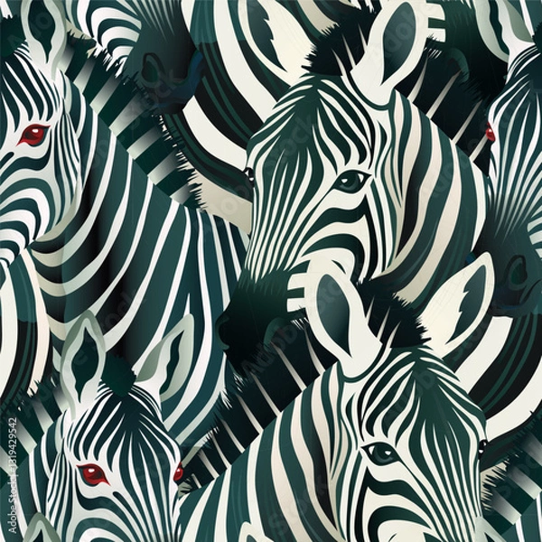Obraz Stylish monochrome seamless pattern with silhouettes of zebras in a minimalistic design. Clear lines and geometric shapes create a modern graphic design, ideal for printing on textiles, paper and pack
