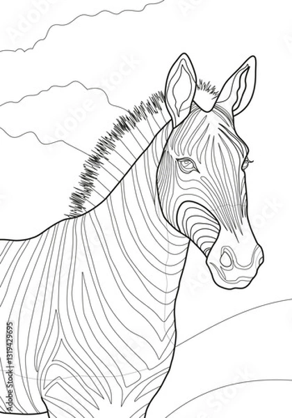Obraz Zebra in the form of a contour drawing for coloring. The image is on a white background, with clear lines without a background. Ideal for children's coloring books, educational materials