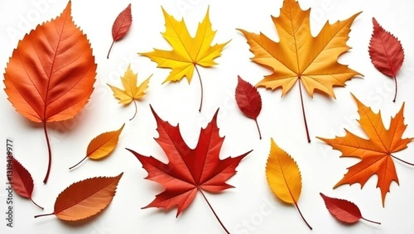 Fototapeta Collection of multicolored autumn leaves isolated on a white background. Isolated leaves.