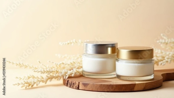 Obraz Jars of cosmetic cream placed on a pastel background with grass, offering copy space. Nourishing beauty products, luxurious cream.