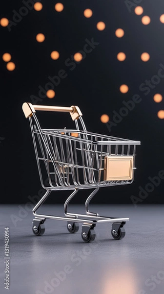 Fototapeta miniature shopping cart on dark surface with glowing bokeh lights in background