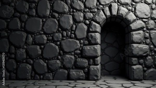 Fototapeta Black and white grunge background. Old stone wall backdrop. Wide grunge banner. Dark gray geometric stone design. Fantasy ancient arch gate wall. Panoramic view.